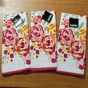 Set of 3, Ladelle floral cotton kitchen towels - pinks, reds, oranges